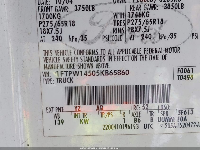 2005 Ford F-150 Fx4/Lariat/Xlt VIN: 1FTPW14505KB65860 Lot: 43833089