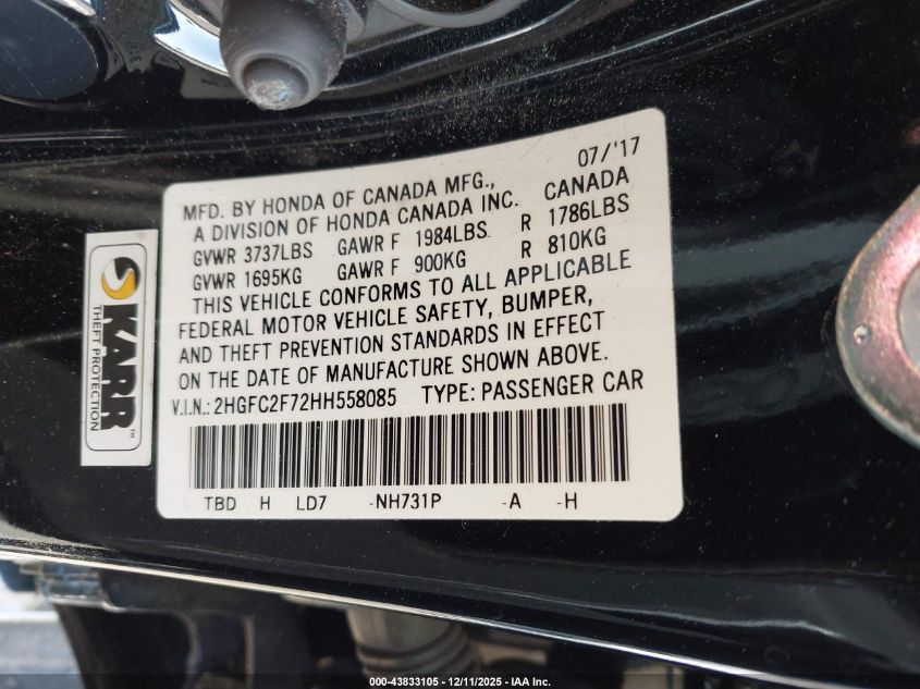 2017 Honda Civic Ex VIN: 2HGFC2F72HH558085 Lot: 43833105