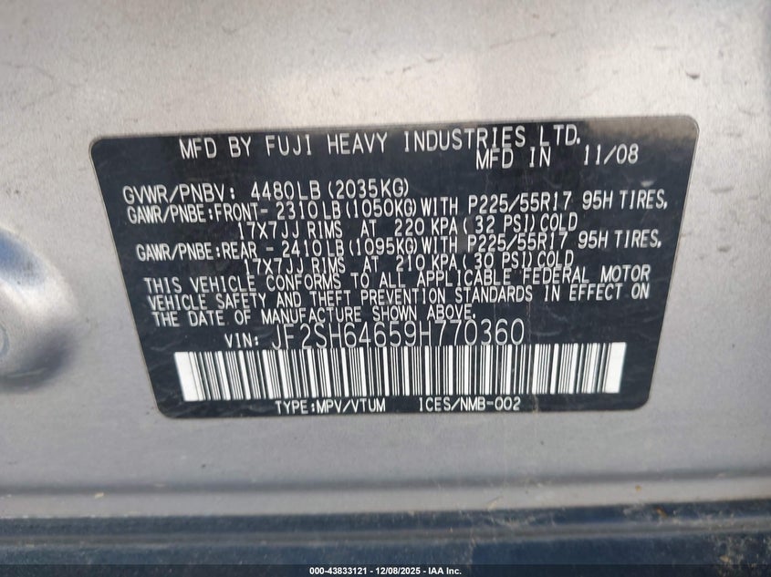 JF2SH64659H770360 2009 SUBARU FORESTER photo no. 9