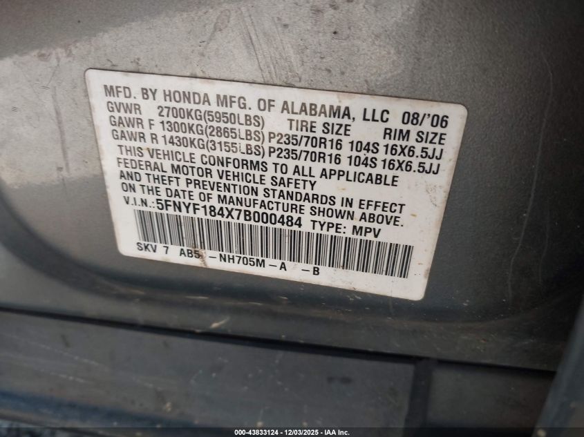 2007 Honda Pilot Ex VIN: 5FNYF184X7B000484 Lot: 43833124