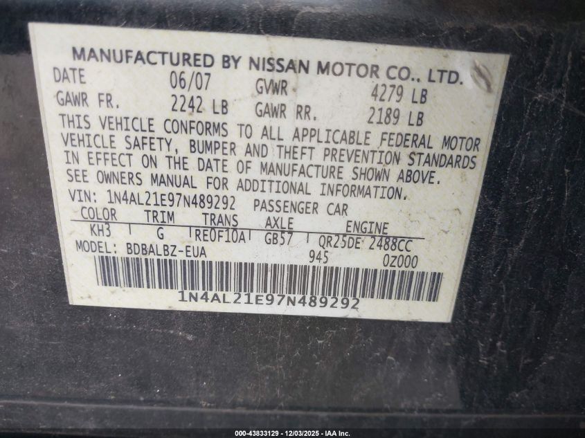 2007 Nissan Altima 2.5 S VIN: 1N4AL21E97N489292 Lot: 43833129