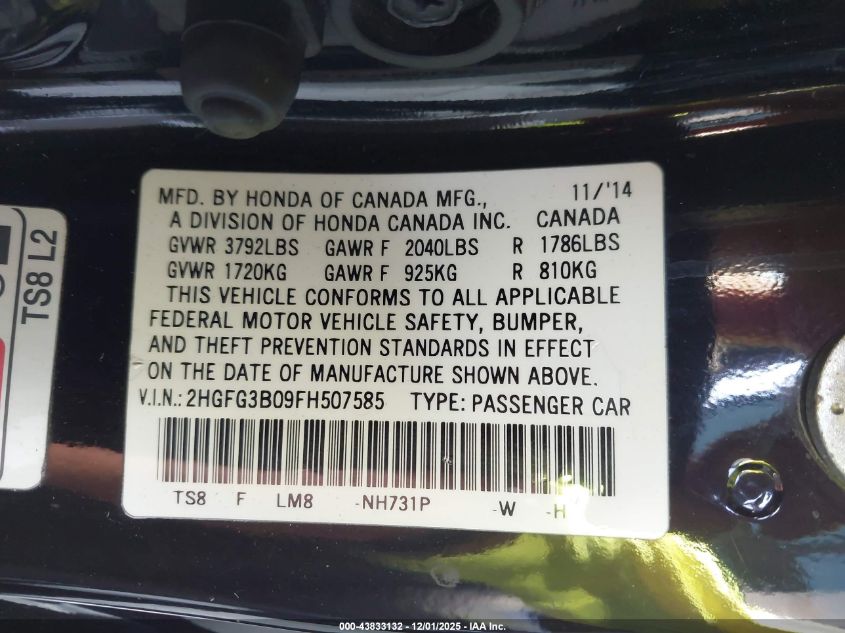 2015 Honda Civic Ex-L VIN: 2HGFG3B09FH507585 Lot: 43833132