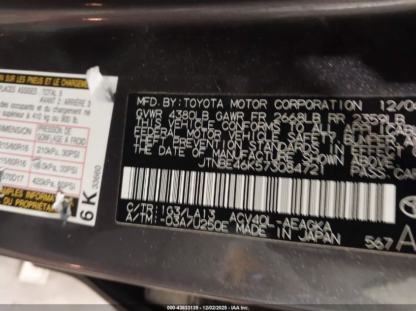 2007 Toyota Camry Xle VIN: JTNBE46K573084721 Lot: 43833139