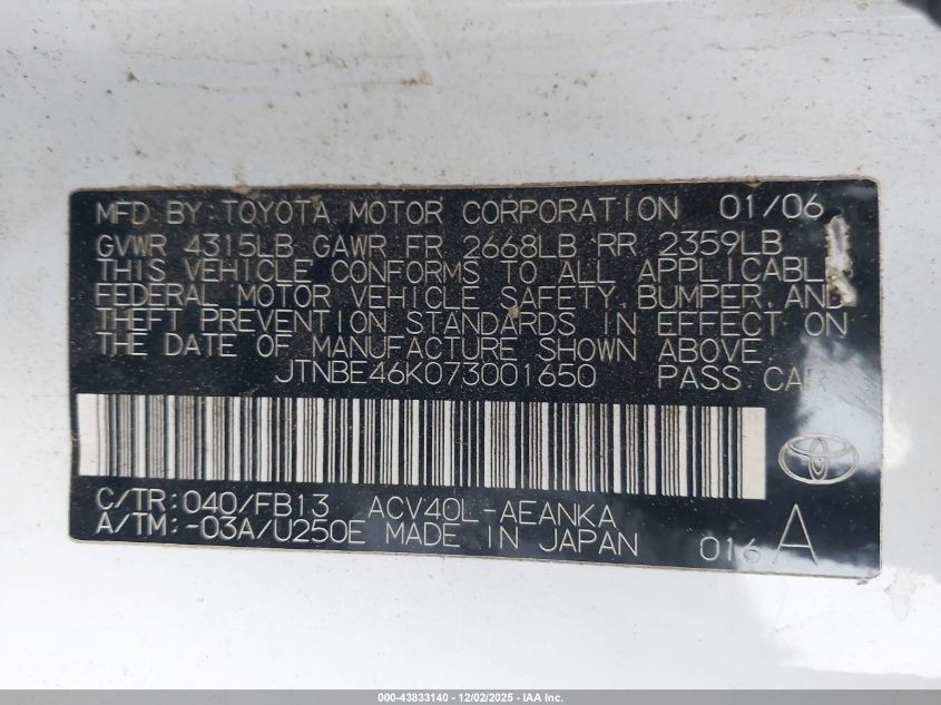 2007 Toyota Camry Le VIN: JTNBE46K073001650 Lot: 43833140