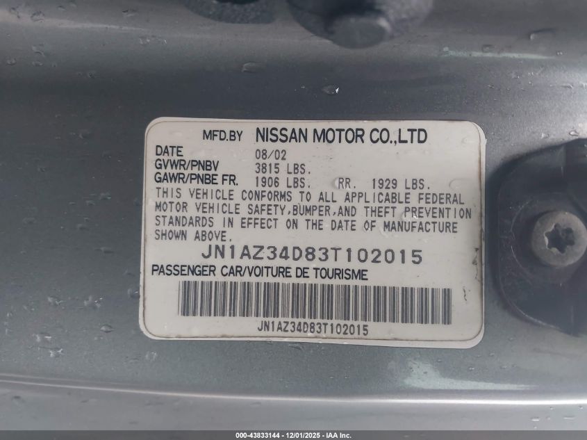 2003 Nissan 350Z VIN: JN1AZ34D83T102015 Lot: 43833144