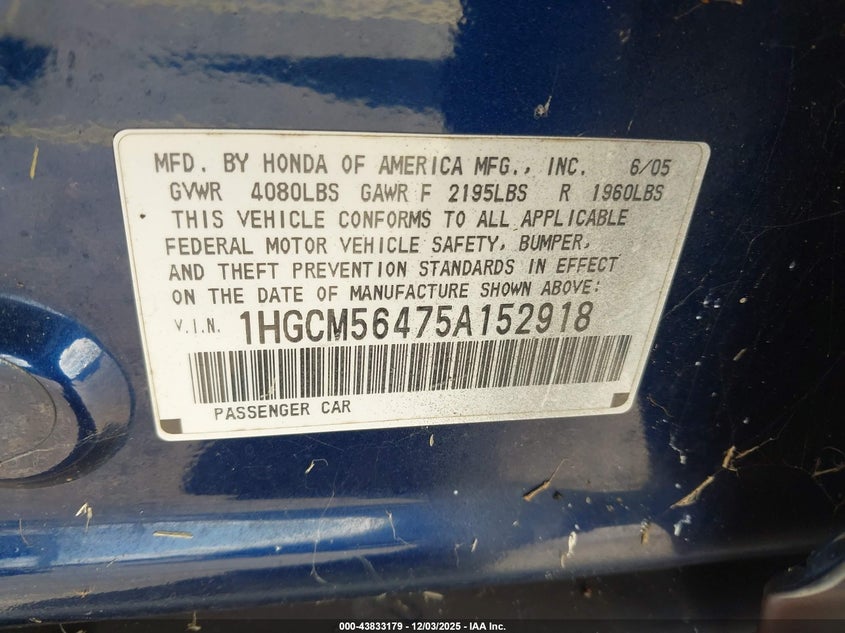 1HGCM56475A152918 2005 HONDA ACCORD photo no. 9
