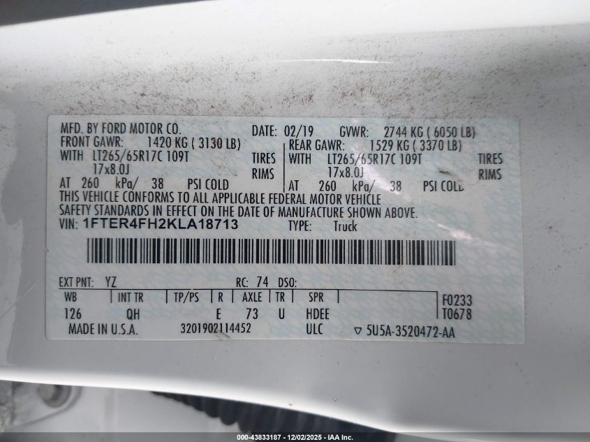 2019 Ford Ranger Xl VIN: 1FTER4FH2KLA18713 Lot: 43833187