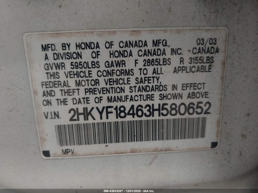 2003 Honda Pilot Ex VIN: 2HKYF18463H580652 Lot: 43833207
