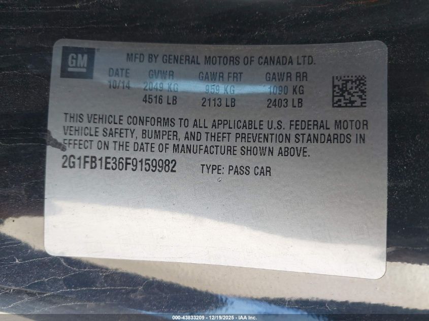 2015 Chevrolet Camaro 2Ls VIN: 2G1FB1E36F9159982 Lot: 43833209