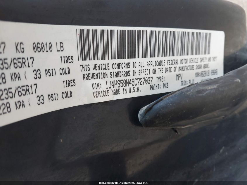 2005 Jeep Grand Cherokee Limited VIN: 1J4HS58N45C727037 Lot: 43833210