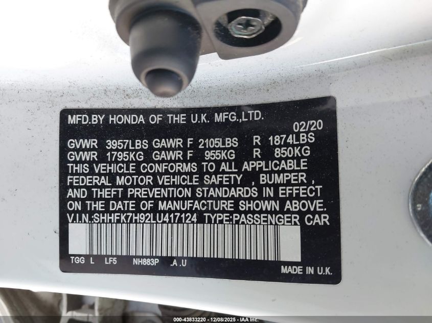 2020 Honda Civic Sport Touring VIN: SHHFK7H92LU417124 Lot: 43833220