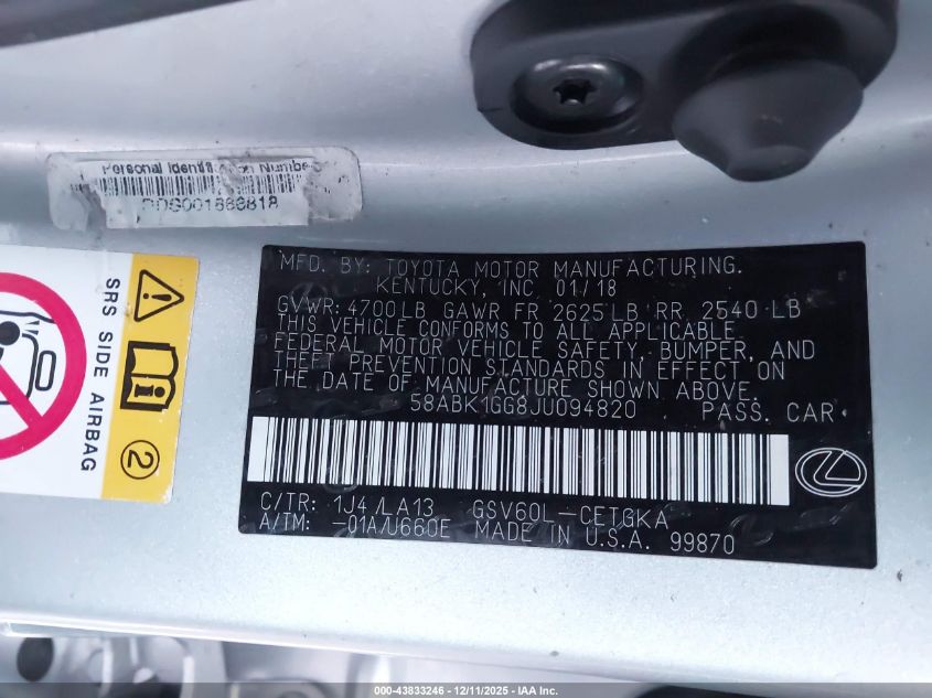 2018 Lexus Es 350 VIN: 58ABK1GG8JU094820 Lot: 43833246