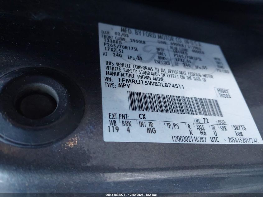 2003 Ford Expedition Xlt VIN: 1FMRU15W83LB74511 Lot: 43833275