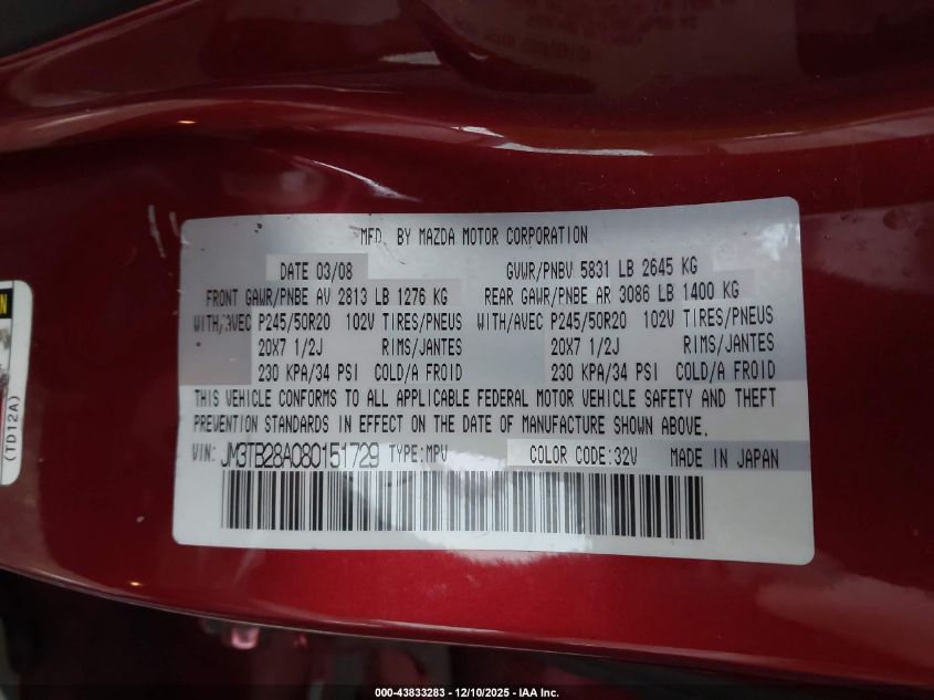 2008 Mazda Cx-9 Grand Touring VIN: JM3TB28A080151729 Lot: 43833283