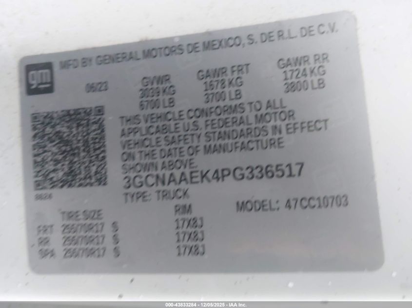 2023 Chevrolet Silverado 1500 2Wd Standard Bed Wt VIN: 3GCNAAEK4PG336517 Lot: 43833284