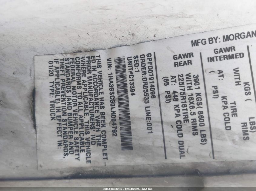 2020 Chevrolet Express Cutaway Work Van VIN: 1HA3GSCG0LN004792 Lot: 43833285