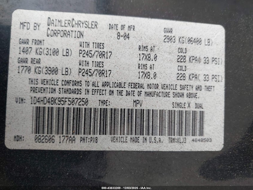 1D4HD48K95F507250 2005 DODGE DURANGO photo no. 9