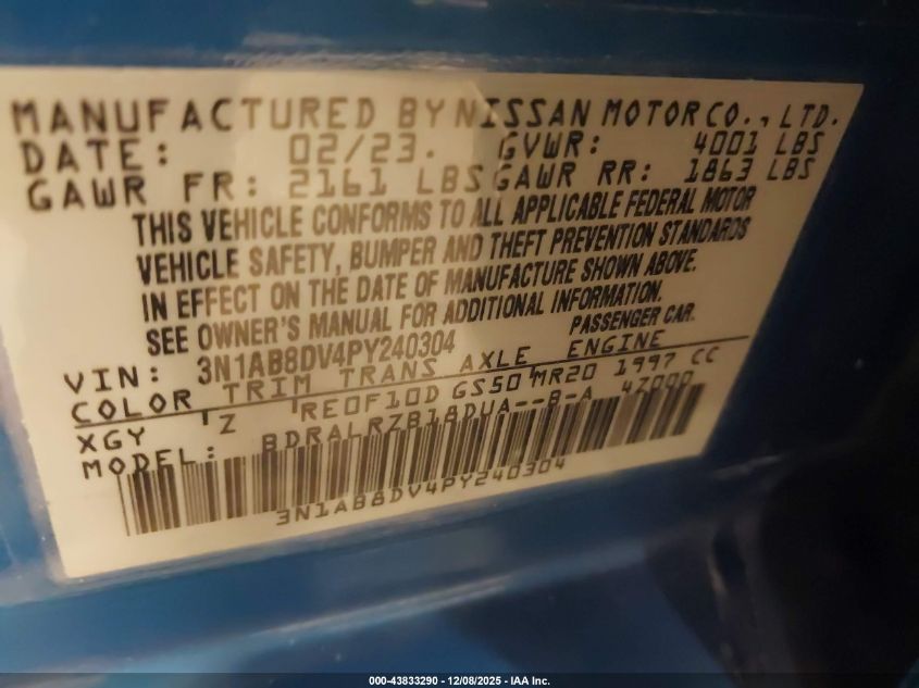 2023 Nissan Sentra Sr Xtronic Cvt VIN: 3N1AB8DV4PY240304 Lot: 43833290