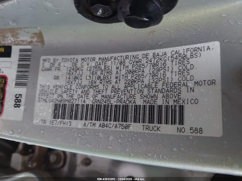 2009 Toyota Tacoma Base V6 VIN: 3TMLU42N09M027114 Lot: 43833293