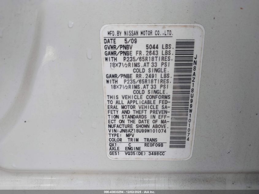 2009 Nissan Murano S VIN: JN8AZ18U99W101074 Lot: 43833294