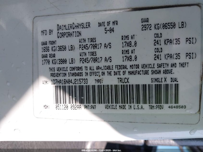 2004 Dodge Ram 1500 St VIN: 1D7HA16N04J215733 Lot: 43833298