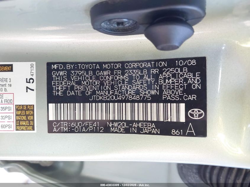 2009 Toyota Prius VIN: JTDKB20U497848775 Lot: 43833309