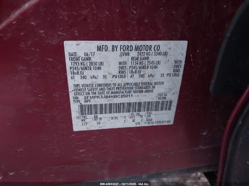 2017 Ford Edge Sel VIN: 2FMPK3J84HBC25011 Lot: 43833327