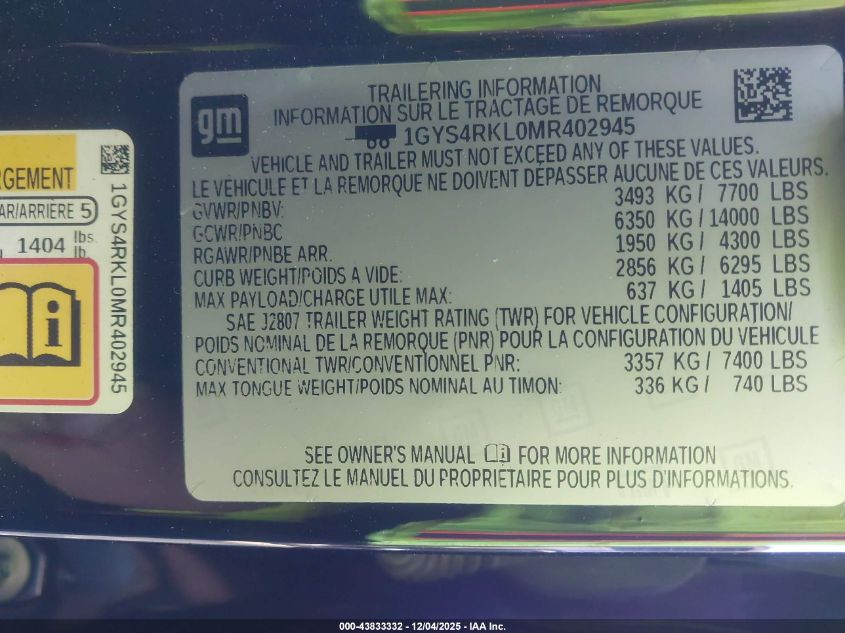 2021 Cadillac Escalade Esv 4Wd Sport Platinum VIN: 1GYS4RKL0MR402945 Lot: 43833332