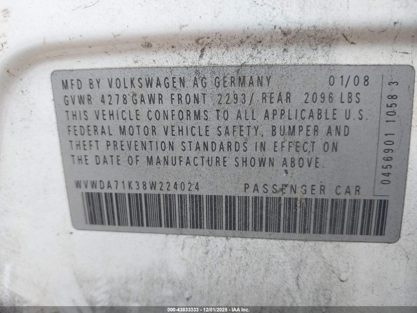 2008 Volkswagen Rabbit S VIN: WVWDA71K38W224024 Lot: 43833333