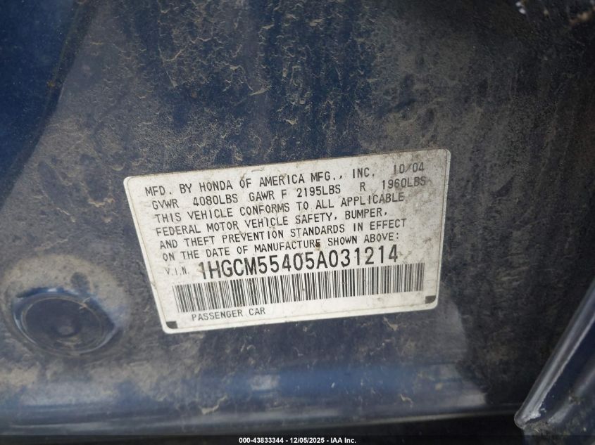 2005 Honda Accord 2.4 Lx VIN: 1HGCM55405A031214 Lot: 43833344