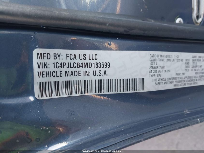 2021 Jeep Cherokee Latitude Fwd VIN: 1C4PJLCB4MD183699 Lot: 43833371