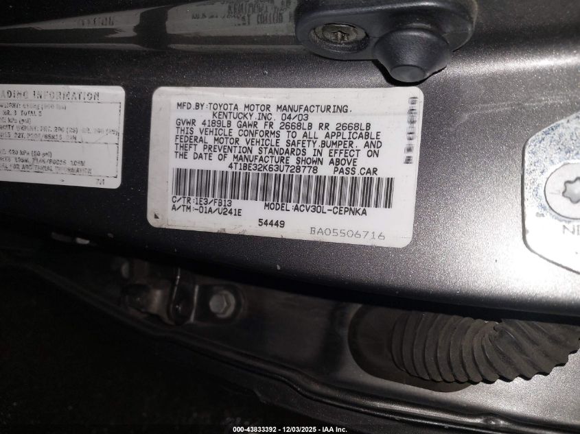 2003 Toyota Camry Le VIN: 4T1BE32K63U728778 Lot: 43833392