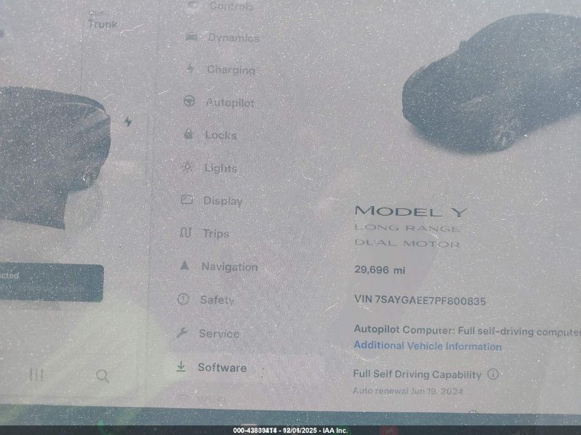 2023 Tesla Model Y Awd/Long Range Dual Motor All-Wheel Drive VIN: 7SAYGAEE7PF800835 Lot: 43833414