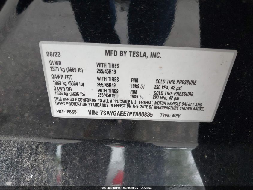 2023 Tesla Model Y Awd/Long Range Dual Motor All-Wheel Drive VIN: 7SAYGAEE7PF800835 Lot: 43833414