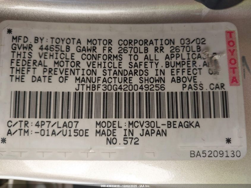 2002 Lexus Es 300 VIN: JTHBF30G420049256 Lot: 43833415