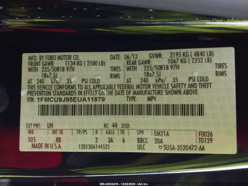 2014 Ford Escape Titanium VIN: 1FMCU9J95EUA11879 Lot: 43833416