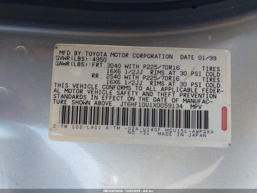 1999 Lexus Rx 300 VIN: JT6HF10U1X0059134 Lot: 43833434