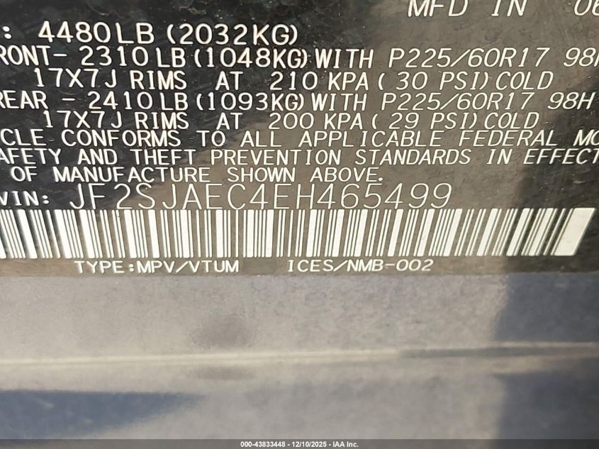 2014 Subaru Forester 2.5I Premium VIN: JF2SJAEC4EH465499 Lot: 43833448