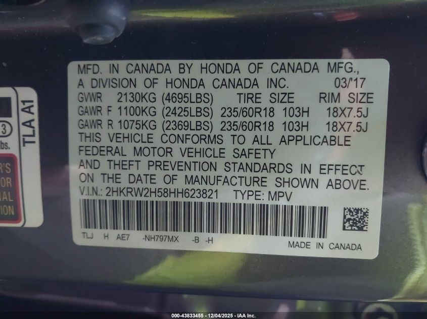 2017 Honda Cr-V Ex VIN: 2HKRW2H58HH623821 Lot: 43833455