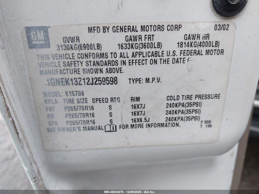 2002 Chevrolet Tahoe Lt VIN: 1GNEK13Z12J259598 Lot: 43833476