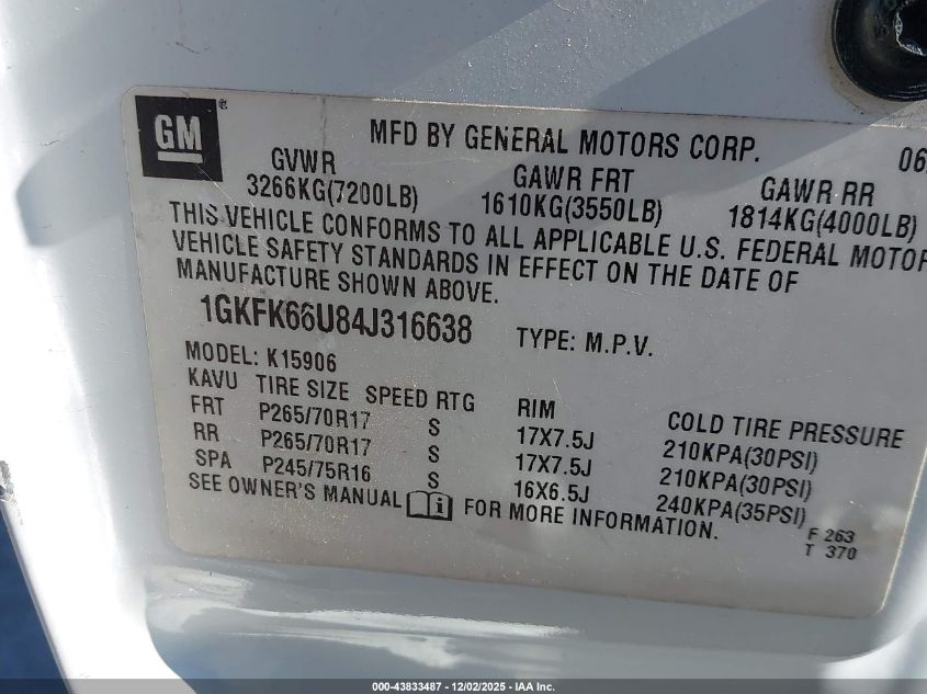 2004 GMC Yukon Xl 1500 Denali VIN: 1GKFK66U84J316638 Lot: 43833487