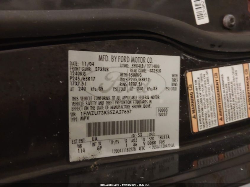 2005 Ford Explorer Xlt/Xlt Sport VIN: 1FMZU73K55ZA37657 Lot: 43833499