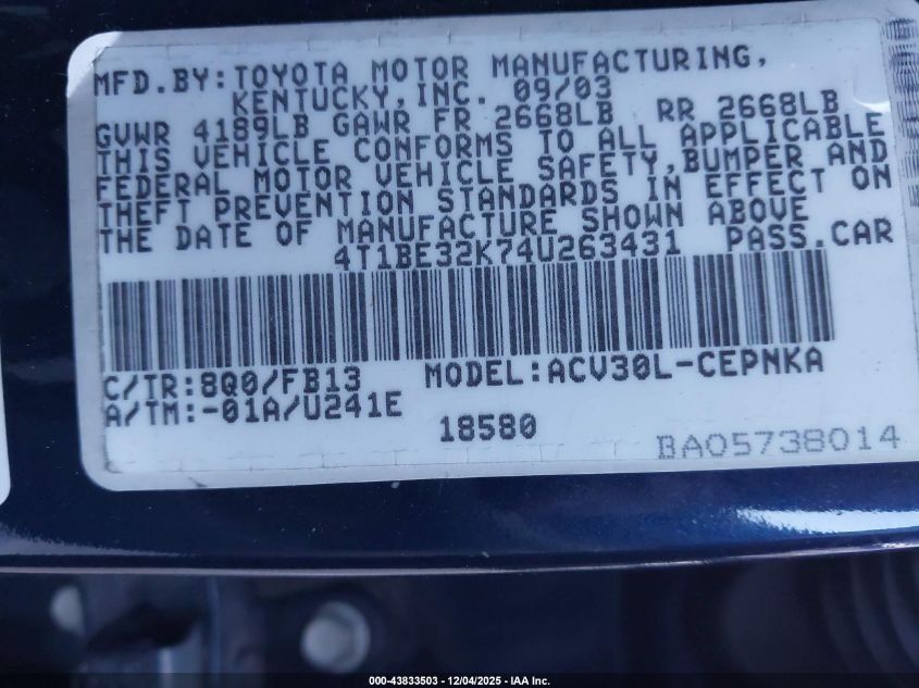 2004 Toyota Camry Le VIN: 4T1BE32K74U263431 Lot: 43833503