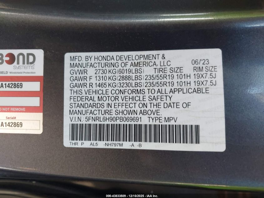 2023 Honda Odyssey Elite VIN: 5FNRL6H90PB069691 Lot: 43833509