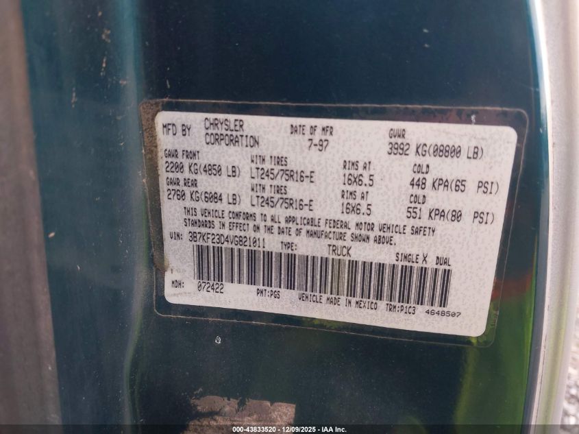 1997 Dodge Ram 2500 St VIN: 3B7KF23D4VG821011 Lot: 43833520