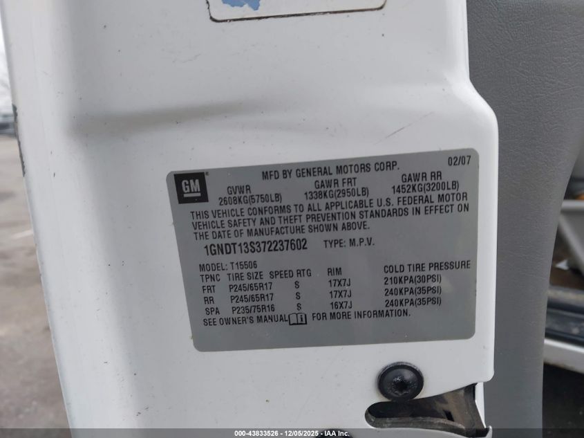 2007 Chevrolet Trailblazer Lt VIN: 1GNDT13S372237602 Lot: 43833526