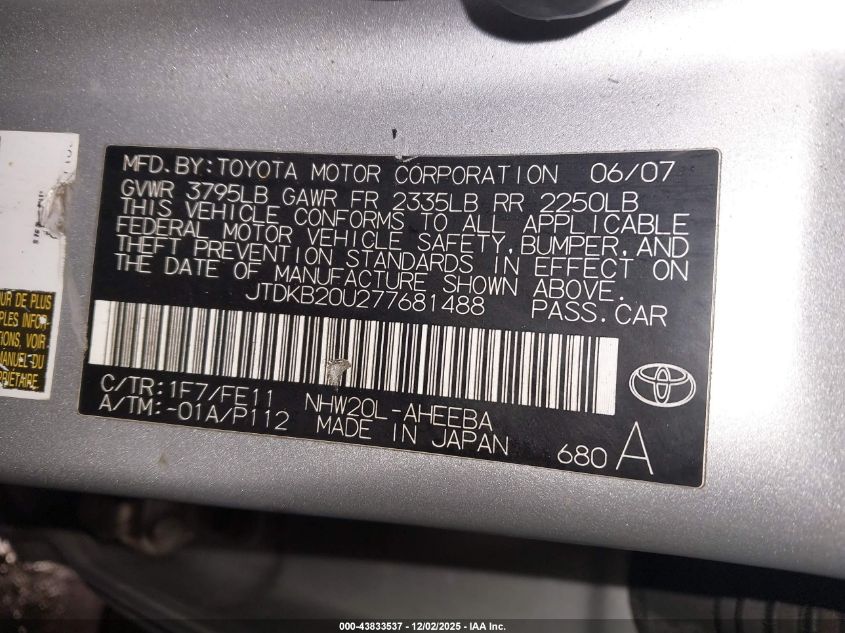 2007 Toyota Prius VIN: JTDKB20U277681488 Lot: 43833537