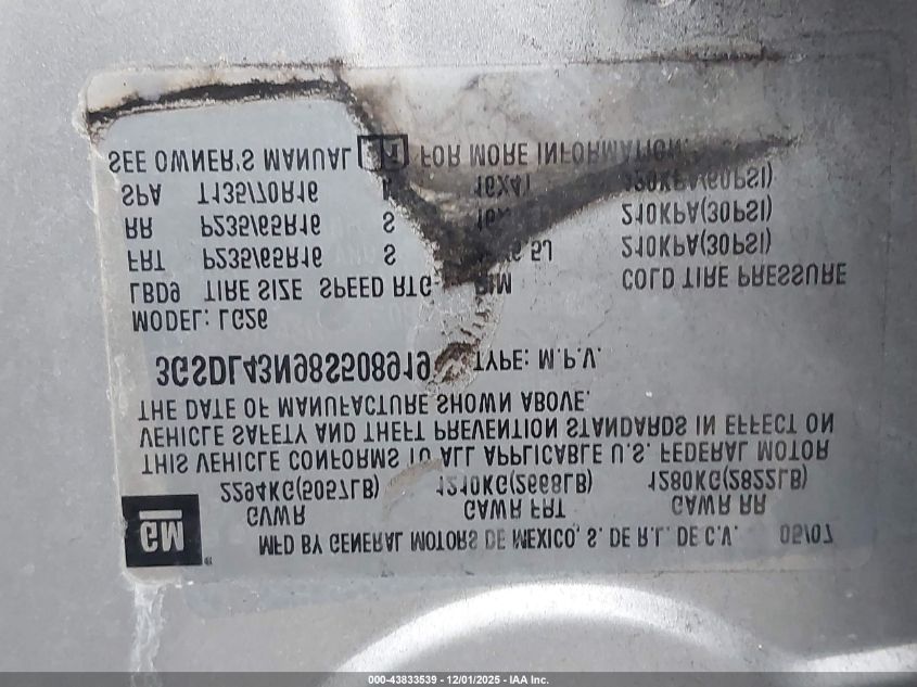 2008 Saturn Vue V6 Xe VIN: 3GSDL43N98S508919 Lot: 43833539