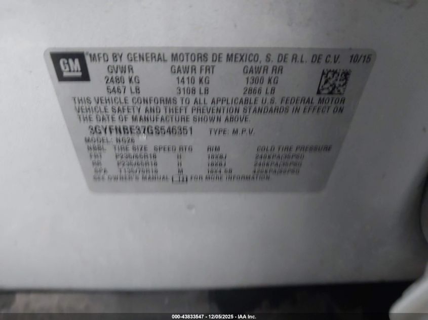 2016 Cadillac Srx Luxury Collection VIN: 3GYFNBE37GS546351 Lot: 43833547