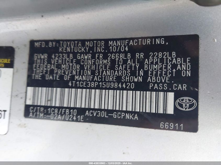 2005 Toyota Camry Solara Se VIN: 4T1CE38P15U984420 Lot: 43833563